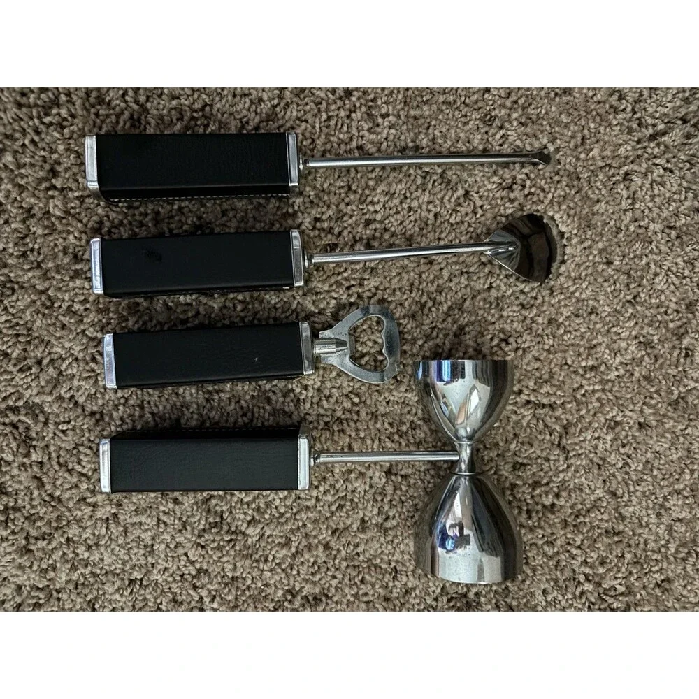 Vintage 1960s Bar Set Trojan Roman Soldier Leather Handles  4 Piece Set Black